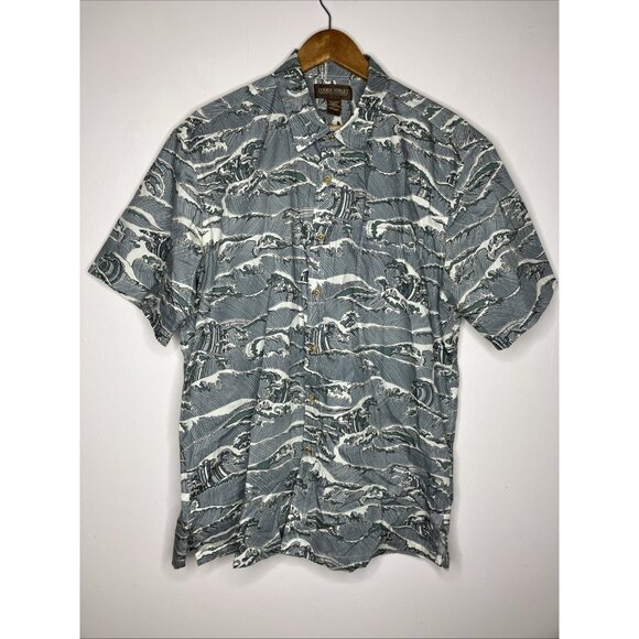 Cooke Street Hawaiian Shirt Gray Waves Button Up Men's Large - Picture 1 of 7